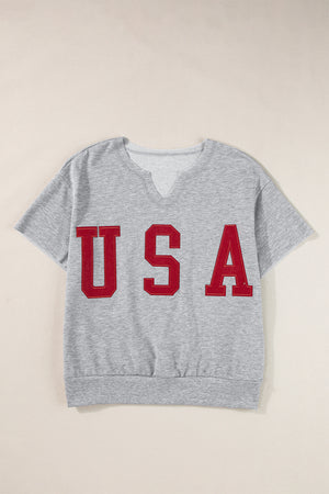 Gray sweatshirt with red USA appliqué and notch neckline