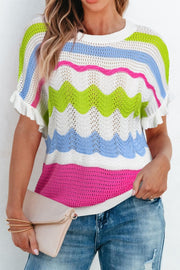 Scalloped crochet tee with ruffle sleeves in stripe pattern.