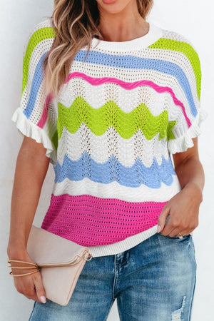 Scalloped crochet tee with ruffle sleeves in stripe pattern.
