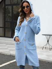 Light blue longline button-down knit cardigan with hood and pockets