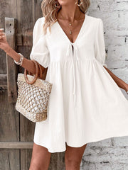 White tie front puff sleeve mini dress with a-line cut