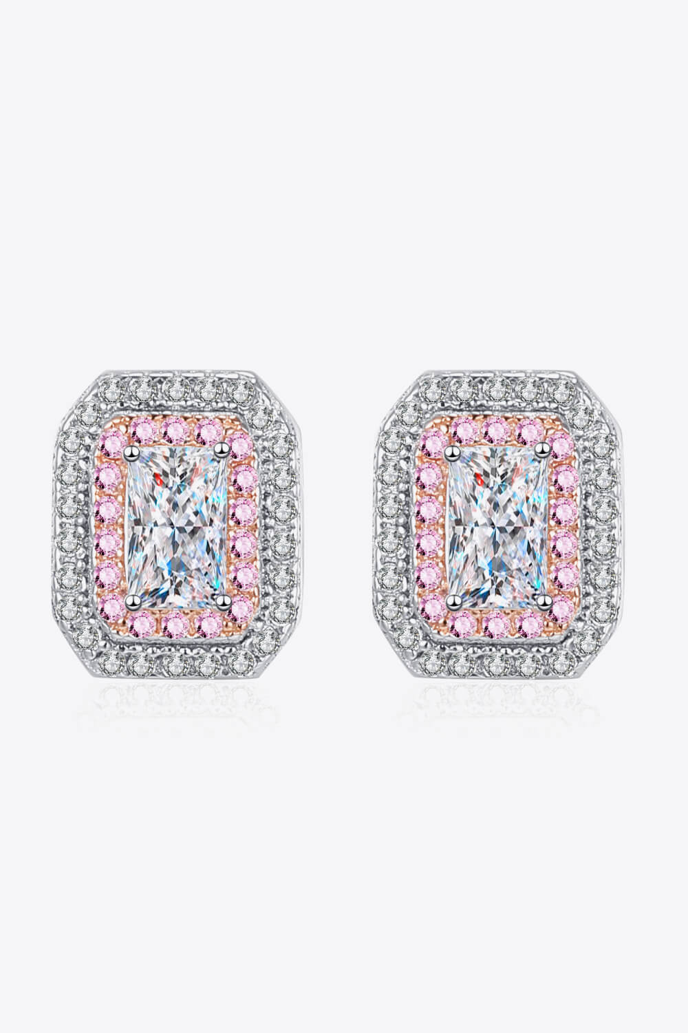 Radiant Emerald-Cut Halo Studs in silver with clear and pink stones