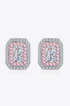 Radiant Emerald-Cut Halo Studs in silver with clear and pink stones