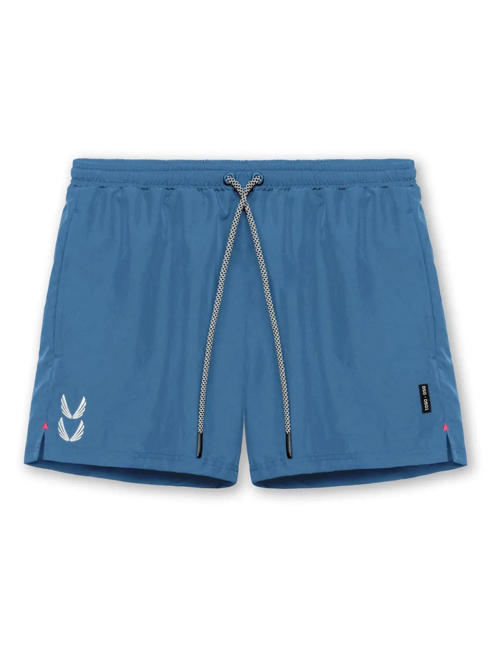 Performance drawcord sport shorts in Sky Blue with white logo detail and black drawstring.