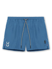 Performance drawcord sport shorts in Sky Blue with white logo detail and black drawstring.