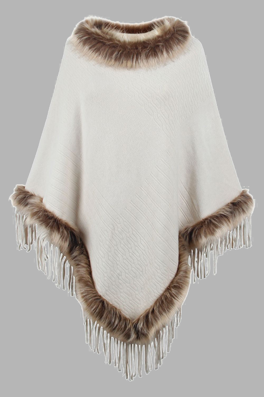 Ivory textured knit poncho with faux fur trim and fringe details.