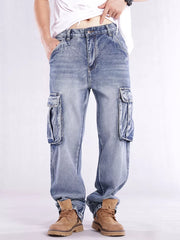 Relaxed fit light wash denim cargo jeans with flap pockets and contrast stitching.