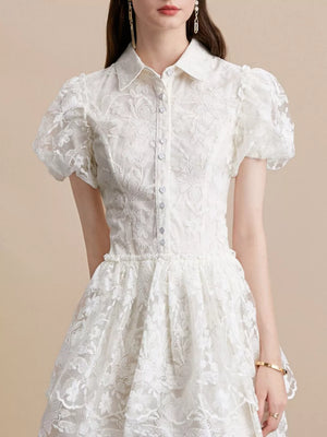 White lace mini dress with puff sleeves, collared neckline, and button front.