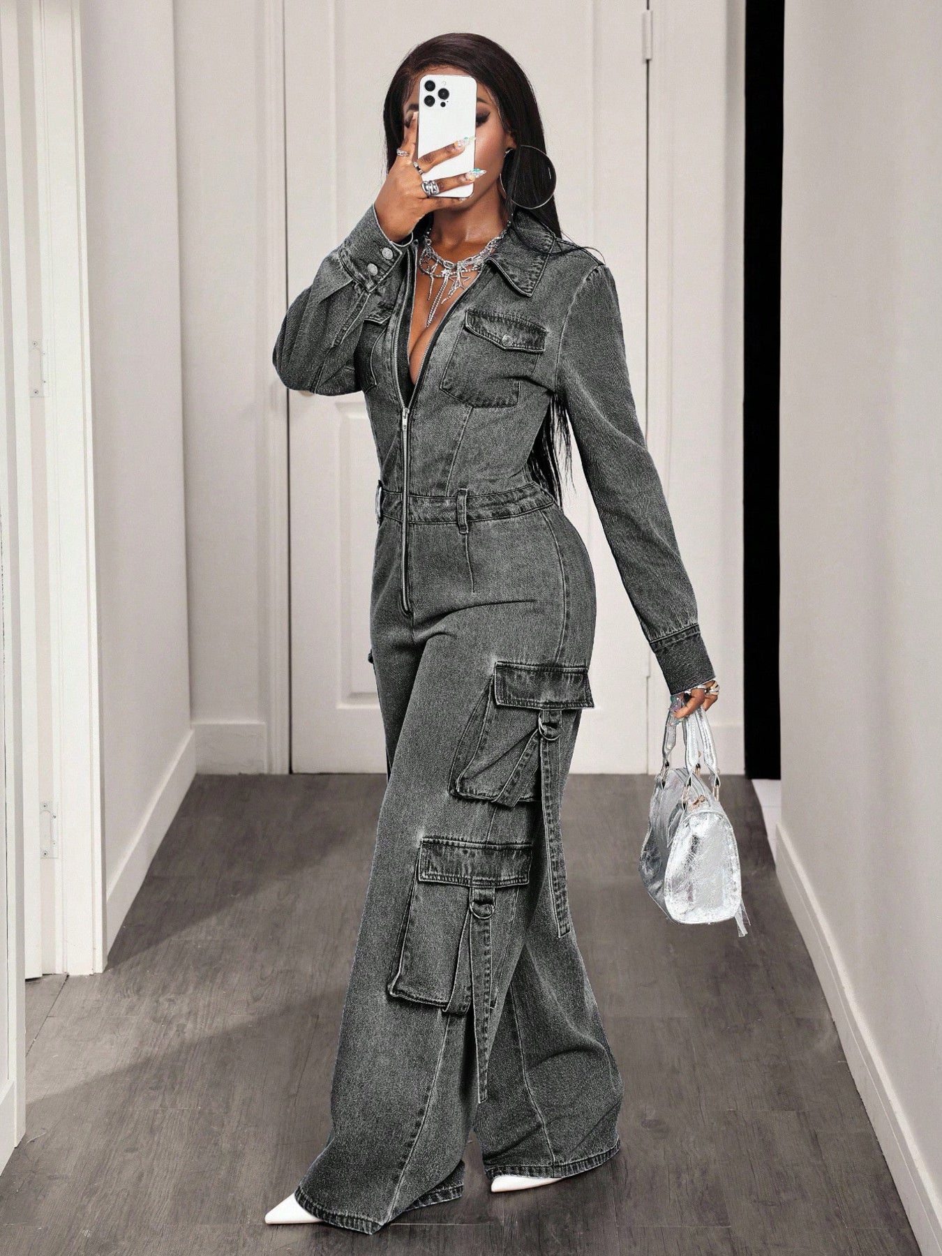 Zip Front Wide Leg Cargo Denim Jumpsuit, alternate angle