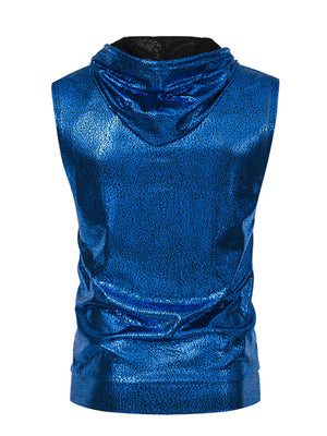 Blue iridescent sleeveless hooded tank top with cracked texture