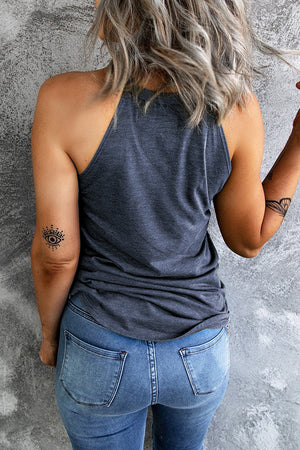 Dark gray halter tank top with graphic star detail and a casual fit.