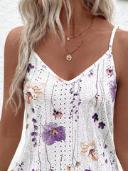Floral V-neck camisole with eyelet detail in white with purple and coral flowers.