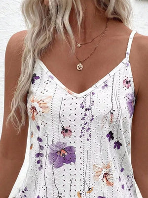 Floral V-neck camisole with eyelet detail in white with purple and coral flowers.