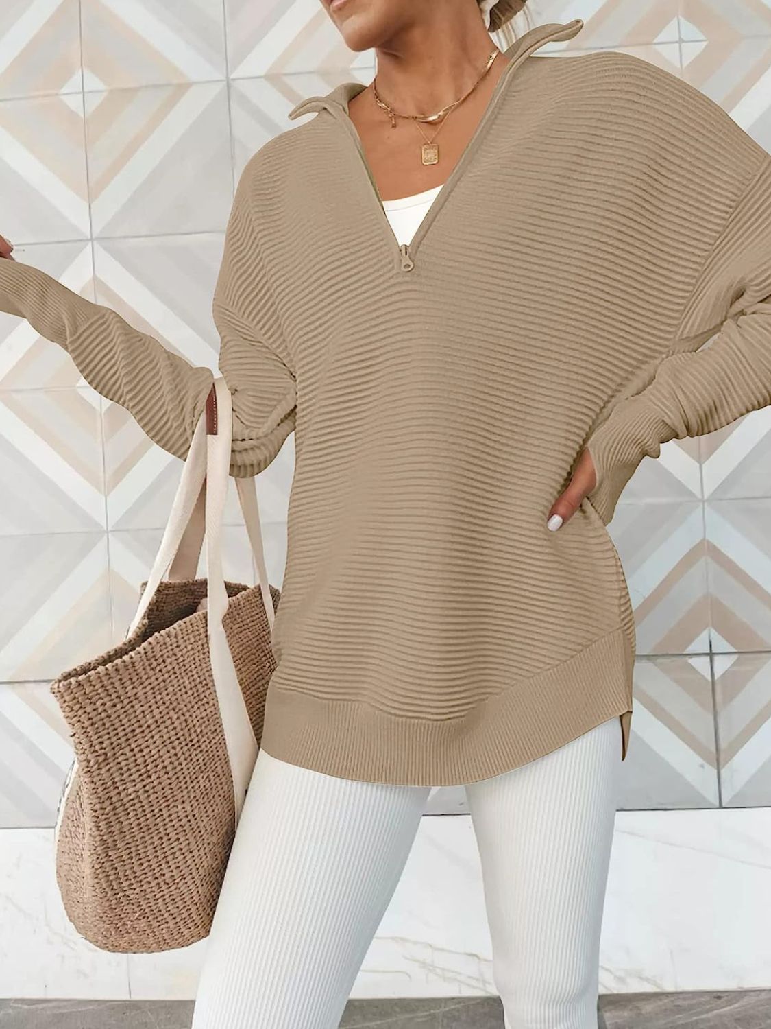 Camel ribbed knit pullover sweater with funnel neck and quarter zip, long sleeves.