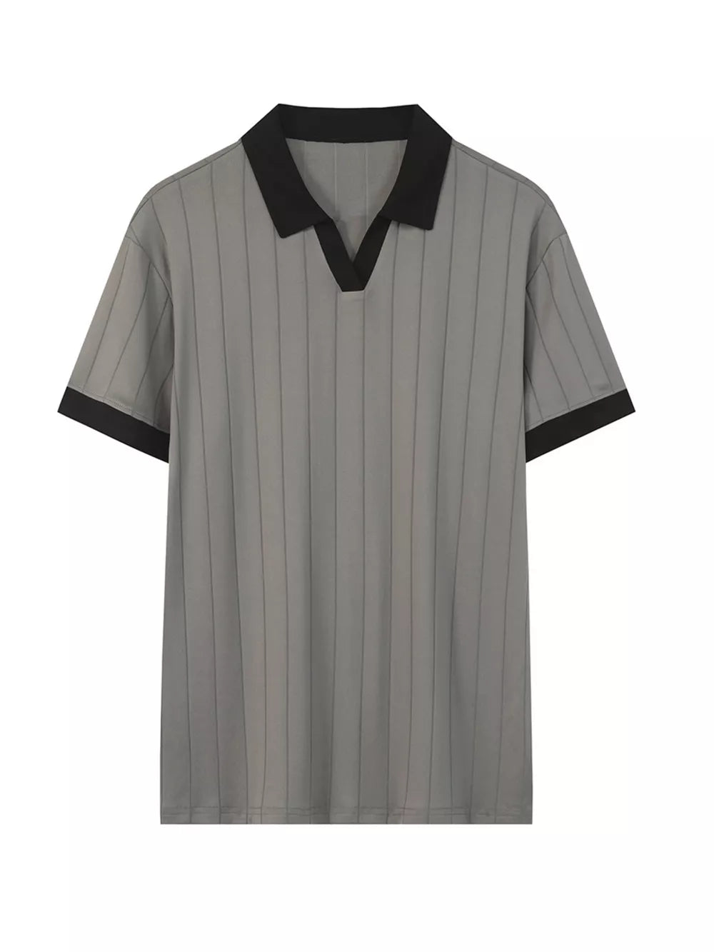 Men's grey short sleeve polo with black contrast collar and cuffs, vertical pinstripe pattern.