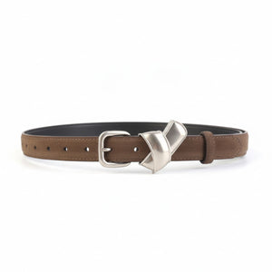Brown leather belt with silver sculptural buckle and adjustable holes