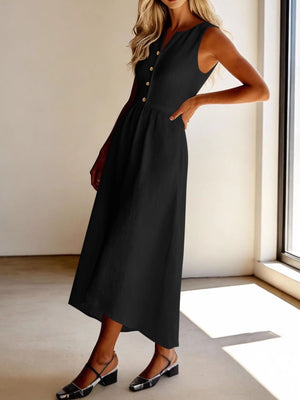Black sleeveless midi dress with button front and A-line skirt.