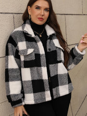 Black and white plaid shacket with fluffy collar and chest pockets.