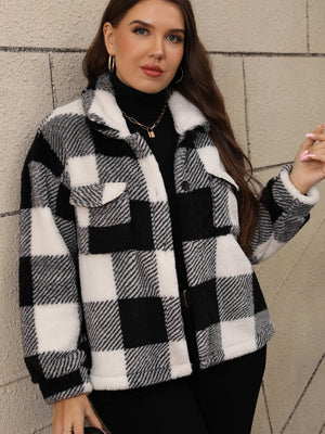 Black and white plaid shacket with fluffy collar and chest pockets.