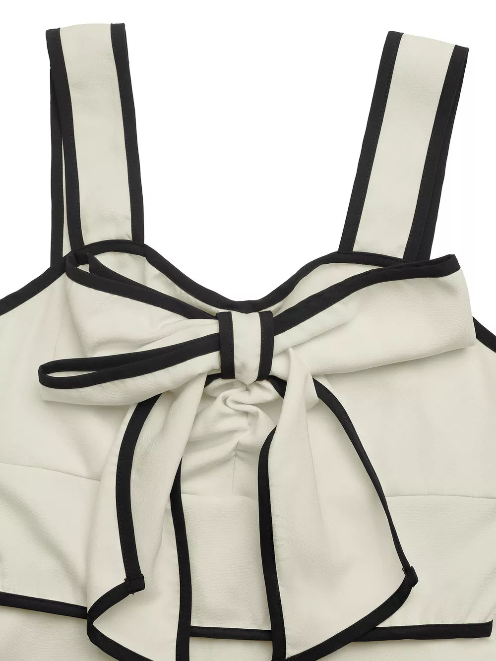Beige A-line midi dress with black trim and bow detail at neckline