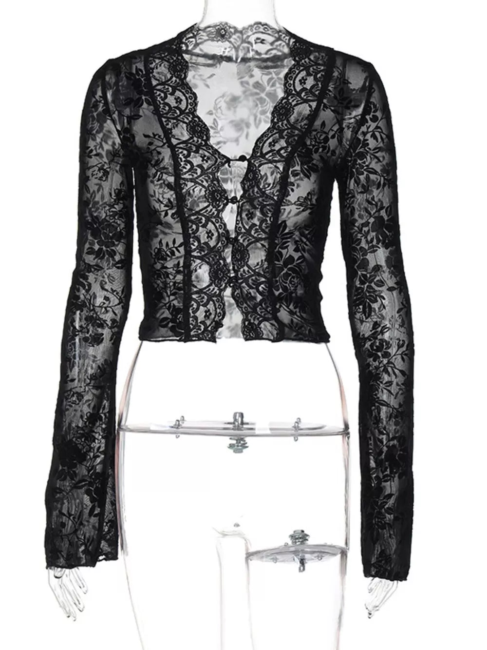 Black lace sheer sleeve t-shirt with button front and V-neckline.
