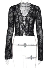 Black lace sheer sleeve t-shirt with button front and V-neckline.