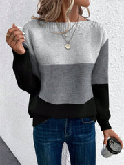 Colorblock boatneck knit sweater in black, gray, and white acrylic with a relaxed fit.
