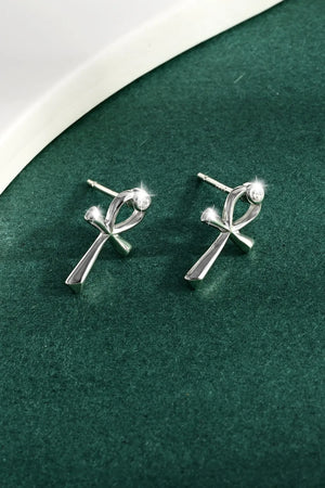 Silver ankh stud earrings with zircon detail