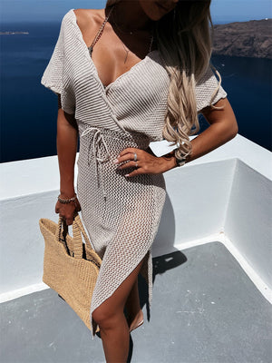 Tan knit wrap cover-up with short sleeves, V-neck, drawstring waist and side slit