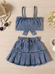 Toddler denim crop top with bowknot and pleated skirt set.