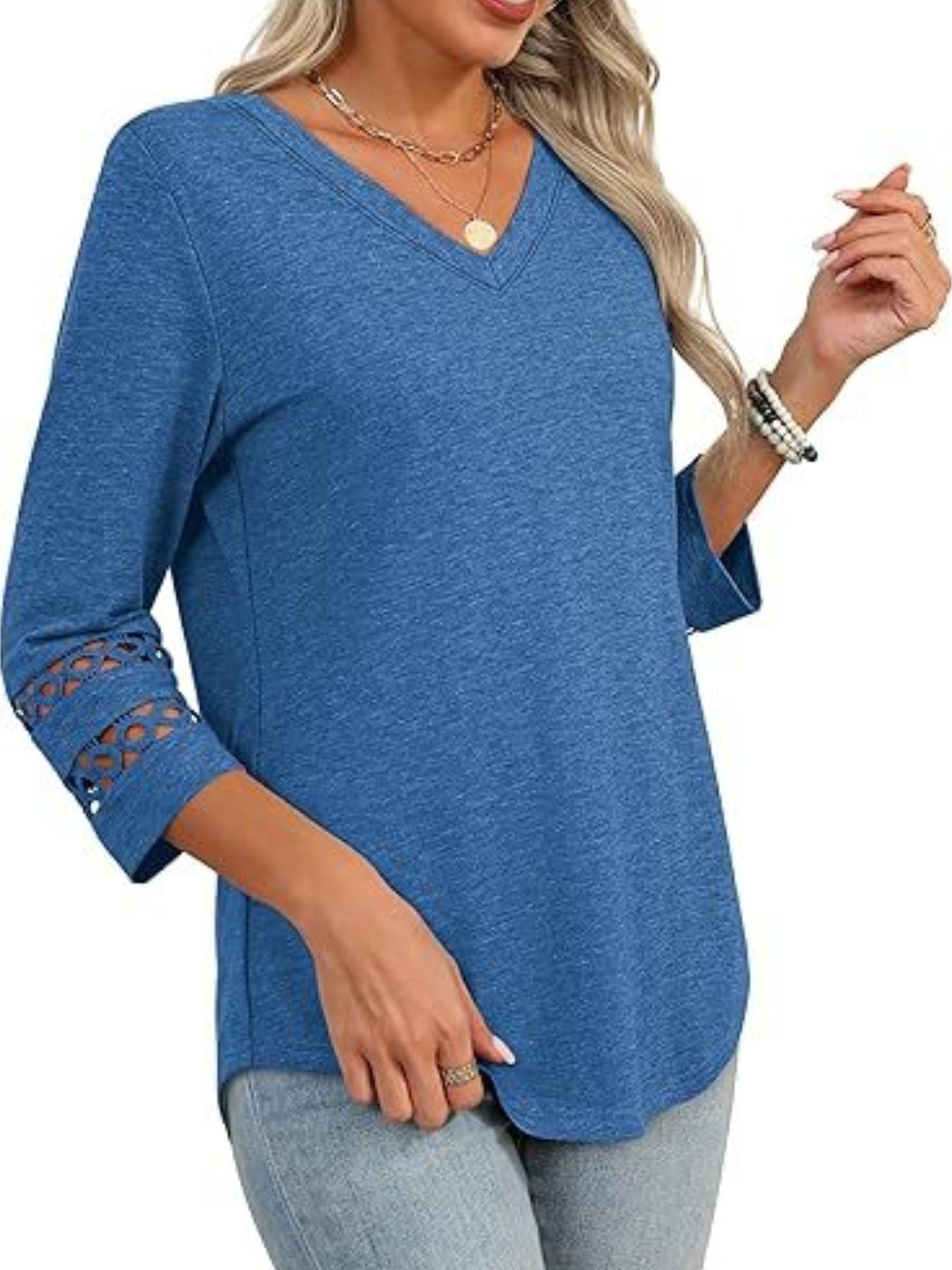 Blue 3/4 sleeve t-shirt with V-neck and cutout detail on sleeves.