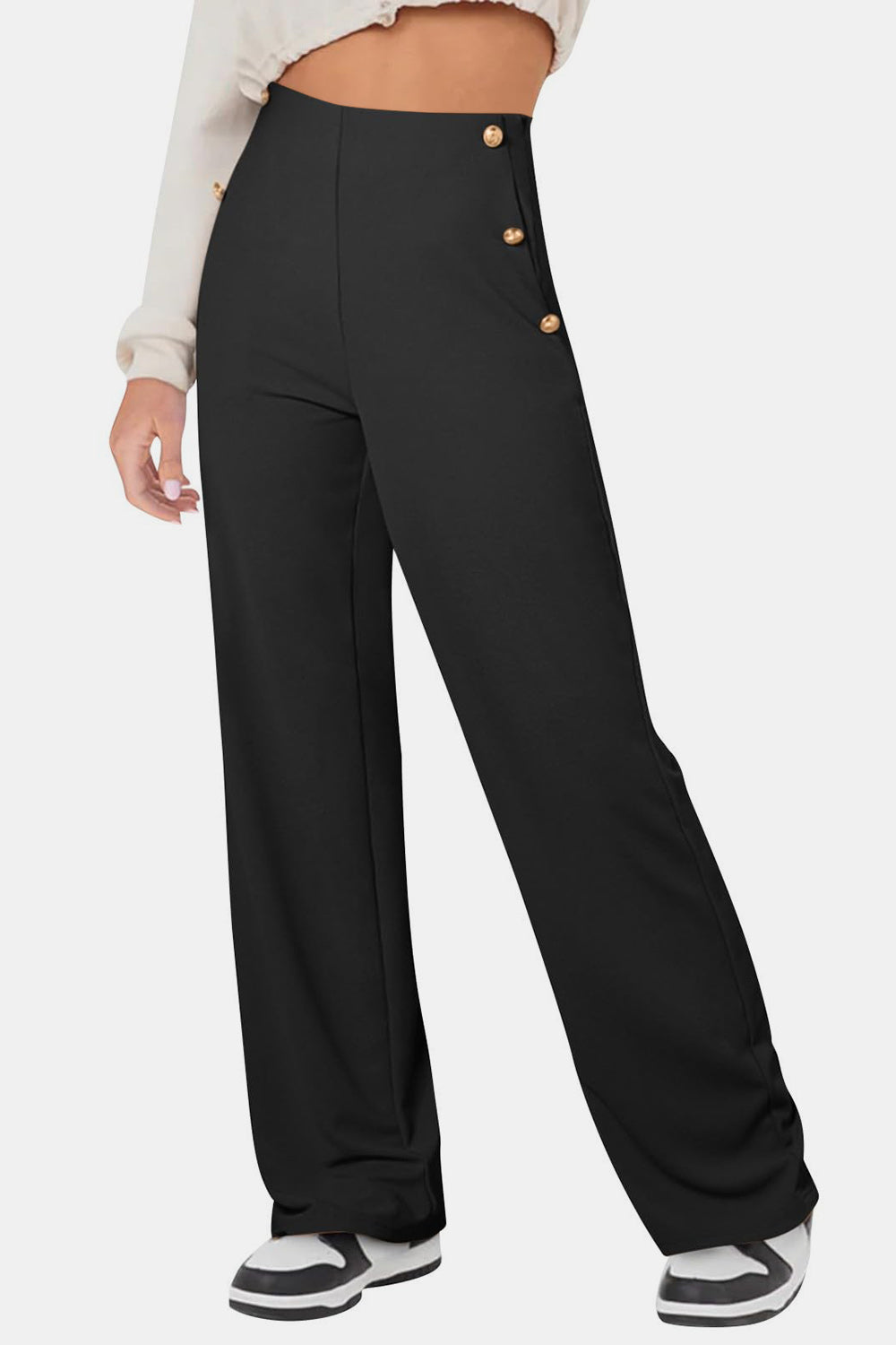 Black wide leg trousers with button detail
