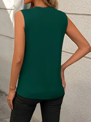 Sleeveless dark green tank top with diagonal seam detail, crew neck, and a relaxed fit.