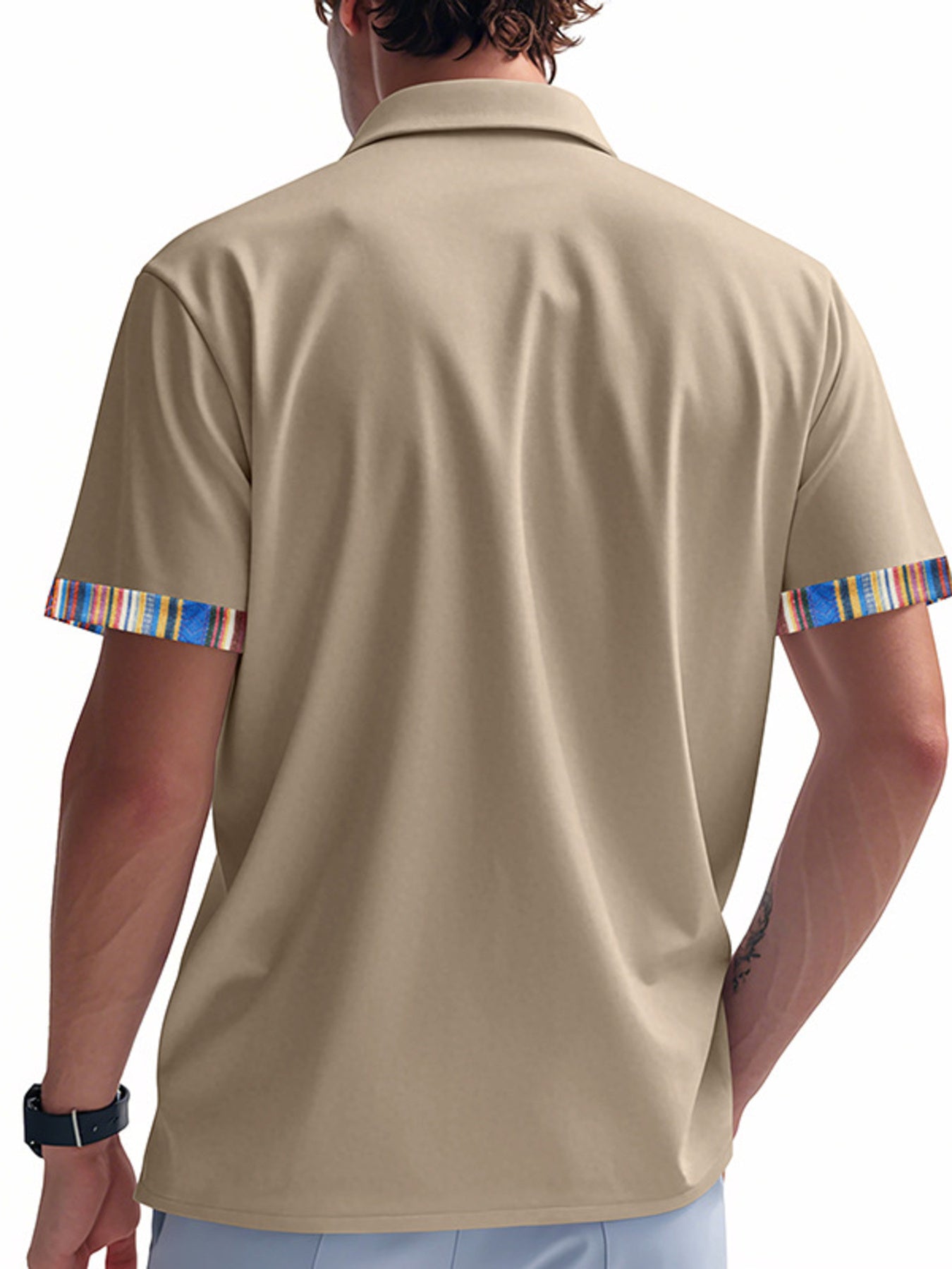 Khaki cotton short sleeve men's shirt with colorful striped trim on sleeves.