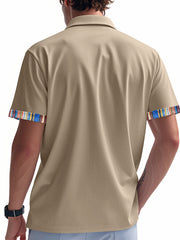 Khaki cotton short sleeve men's shirt with colorful striped trim on sleeves.