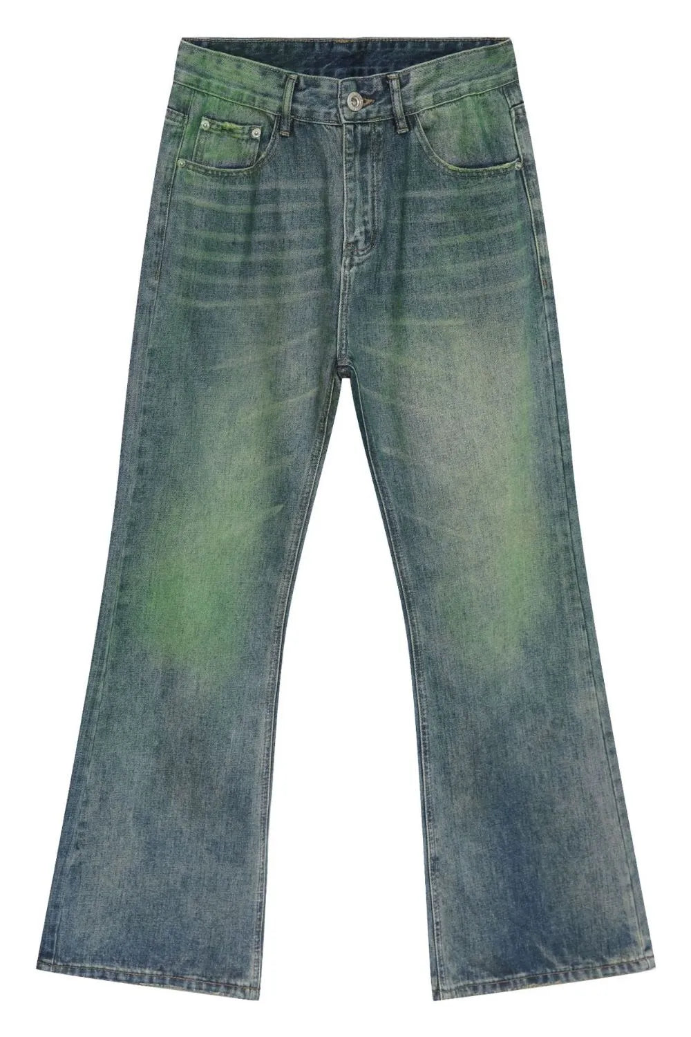 Acid wash flare denim trousers in medium with green accents and a bootcut leg.