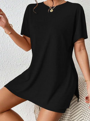 Black drape front tee with side slits, part of a loungewear set.