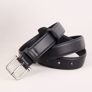 Black cowhide leather belt with silver buckle and stitched details
