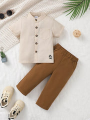 Boys' beige short sleeve mandarin collar shirt with pocket and brown pants set