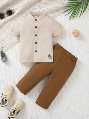 Boys' beige short sleeve mandarin collar shirt with pocket and brown pants set