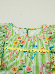 Green striped cotton blouse with floral print, ruffle sleeves, and yellow trim.