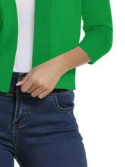 Mid Green cropped knit cardigan with elbow-length sleeves and ribbed cuffs.