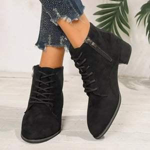 Black suede lace-up ankle boots with block heel and side zipper