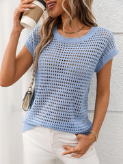 Light blue openwork knit crewneck sweater with short sleeves and a relaxed fit.