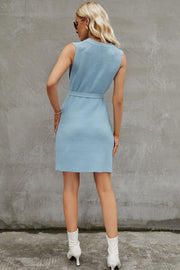 Light blue knit tank dress with waist tie, acrylic, sleeveless, mini length
