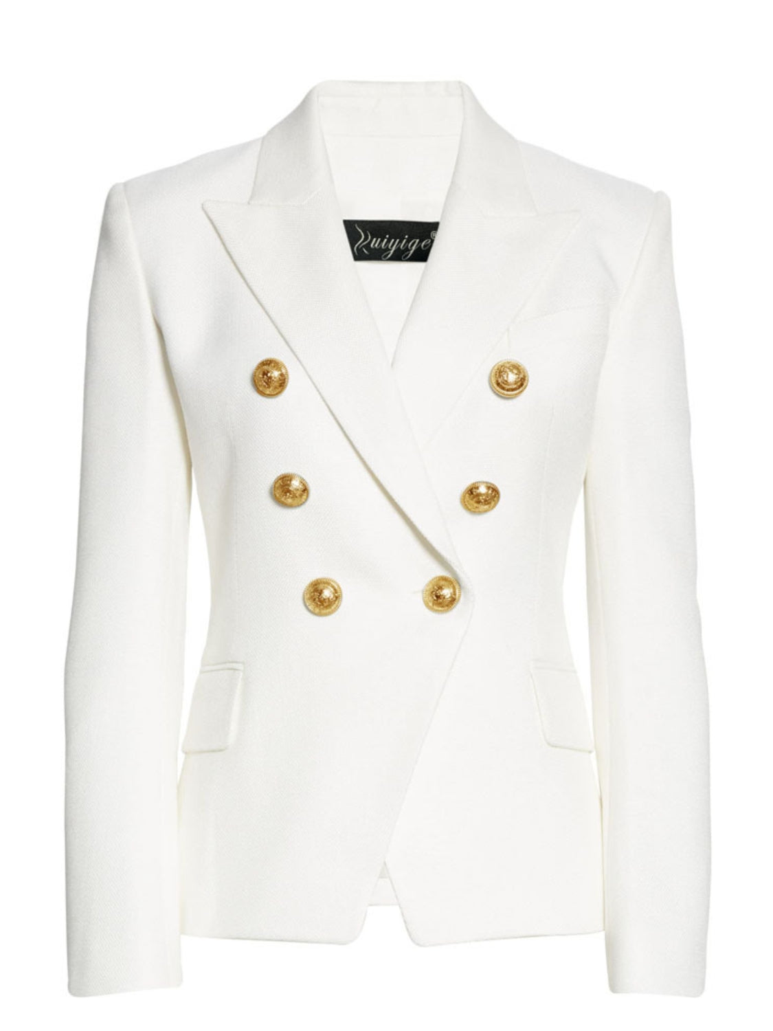 White double-breasted blazer with gold buttons and notched lapels.