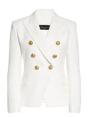 White double-breasted blazer with gold buttons and notched lapels.