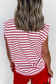Textured knit tee with red and white stripes, crew neck, and decorative button detail.