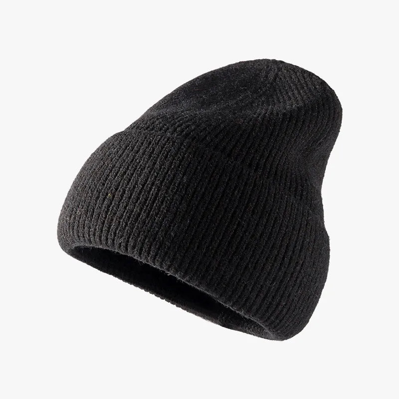 Black ribbed knit slouch beanie with a relaxed fit