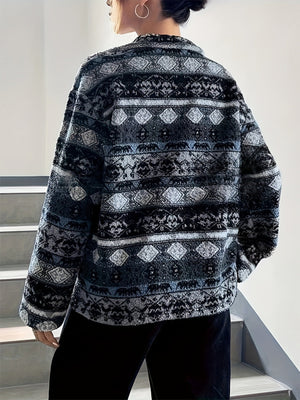 Textured Aztec zip-up fleece jacket in dark blue with a full pattern.